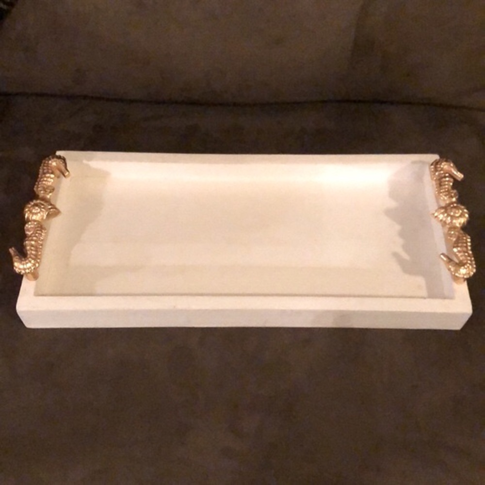 Vatican Homes Coastal White Wood Gold Seahorse Tray